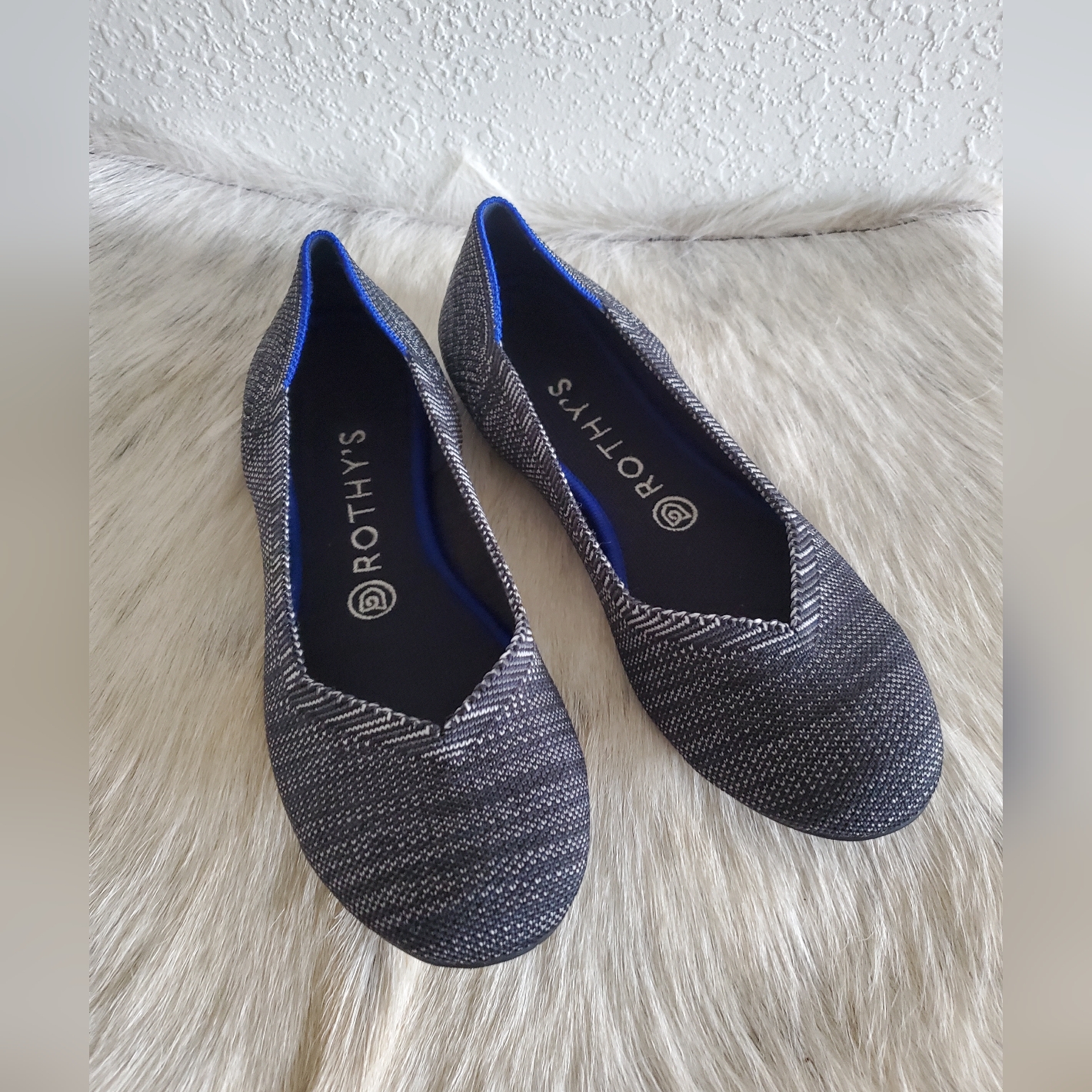 Rothy's Retired Granite Heather Flats Round Toe 7.5 Royal Blue Trim Flat Shoes